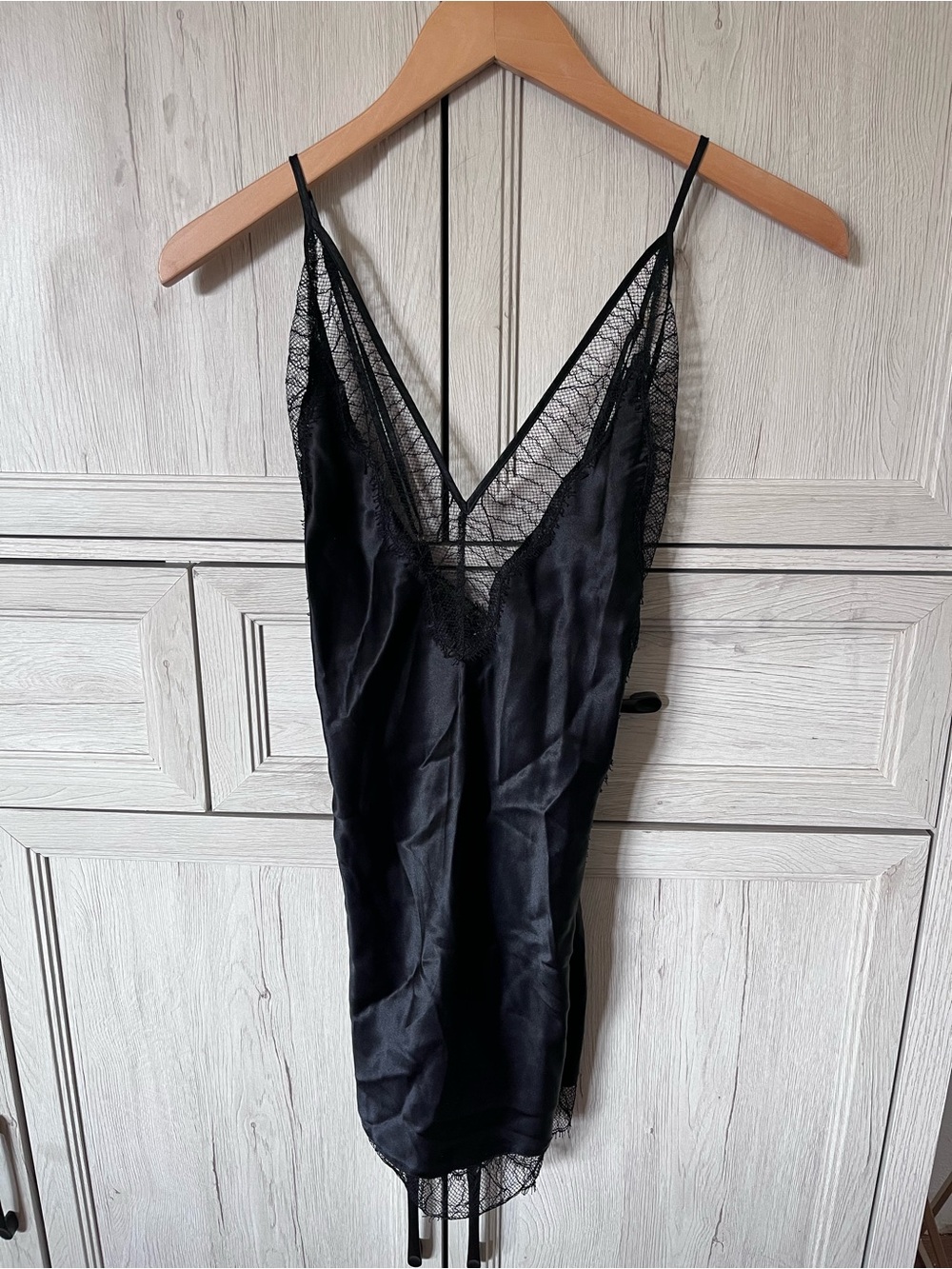 Black Lace-Trim 100% Silk Slip Chemise with Sheer Plunge V-Neck